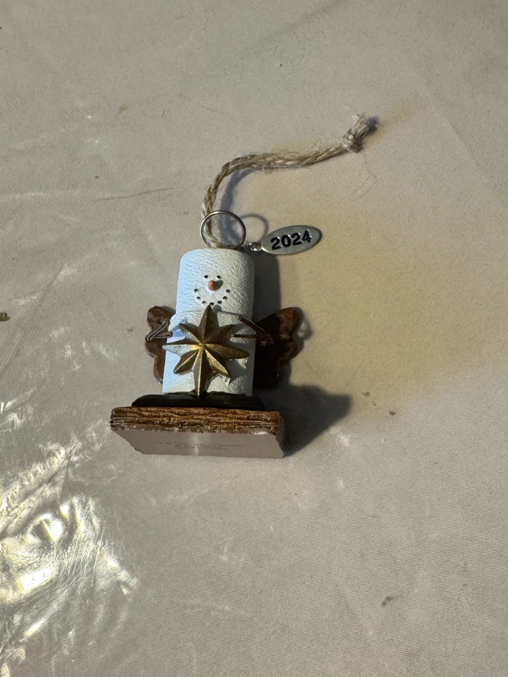 Rustic angel smore Ornament with Gold Star - White and Brown detachable 2024 tag